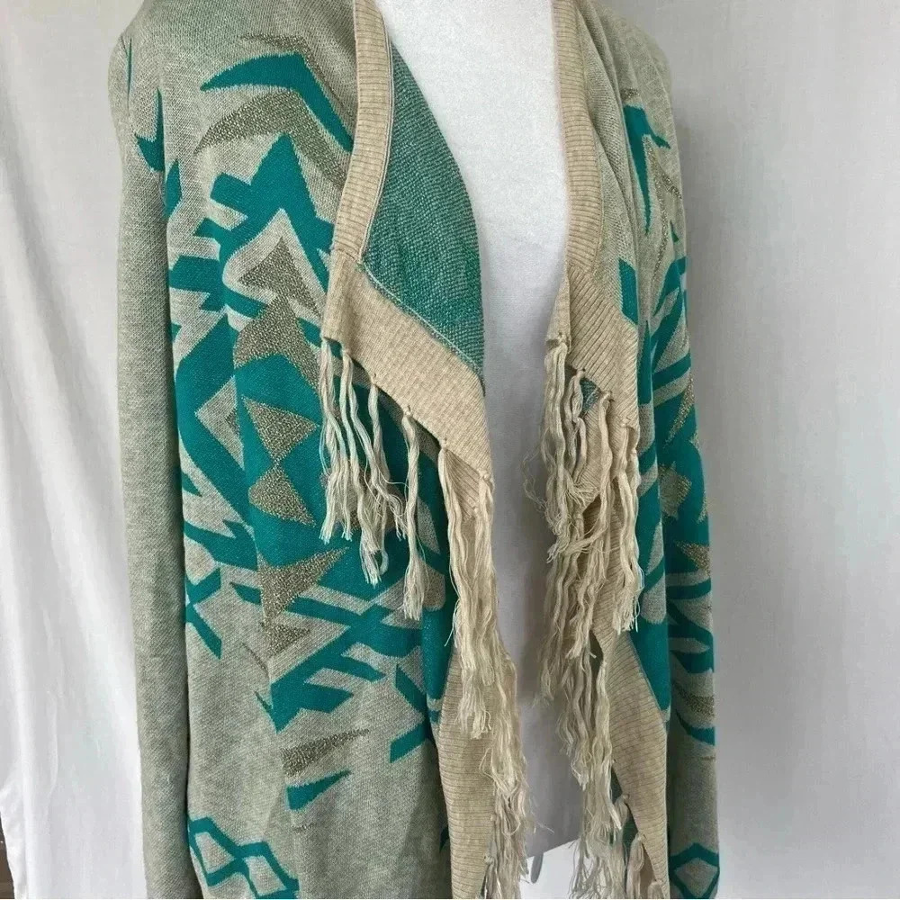 INC Aztec print cardigan with fringe detail.